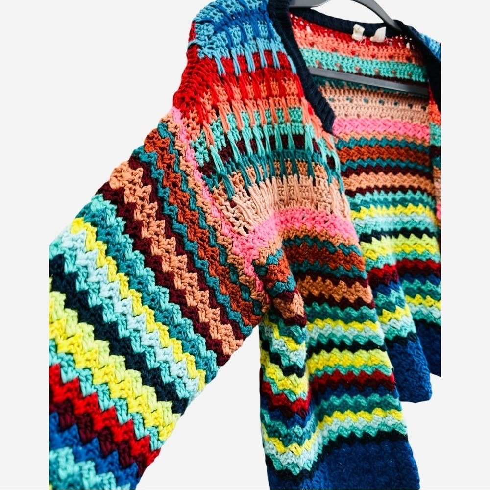 Anthropologie Moth Betty Sweater Knit‎ Open Weave Crochet Rainbow Cardigan XS S